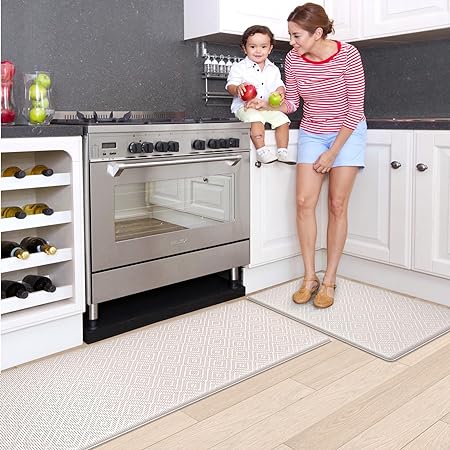 Non Slip, Waterproof Cushioned Anti Fatigue Standing Kitchen Floor Mat, 17"x29"+17"x59", Beige