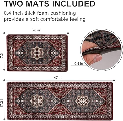 Set 2 Pieces,0.4 Inches Thick Non Slip Kitchen Rugs and Mats Teal Wood Cushioned Anti Fatigue Floor Mat Waterproof Comfort Standing Runner Sink Rug,17.3 x 28+17.3 x 47 Inch