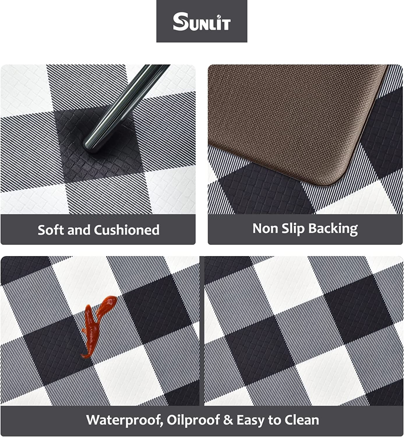Set of 2 Anti Fatigue, Non Slip Waterproof Comfort, 0.4 Inch Thick, Gray and White Buffalo Plaid (Size:17"x28"&17"x47")