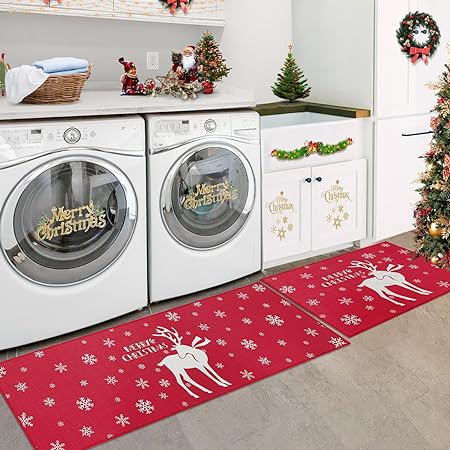 Washable Decorative Non Skid Christmas Kitchen Runner Mat, 17"x29"+17"x47"