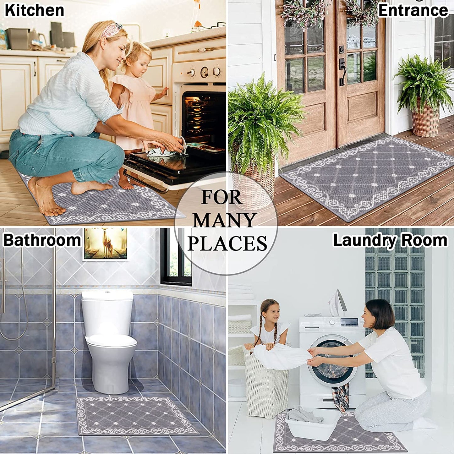 Washable Modern Kitchen Mat, Non Slip Entryway Rug, Entrance, Hallway, Bedroom, Kitchen and Laundry Room