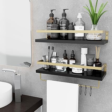 Home Decor Floating Shelves with Towel Bar/Hooks, (Gold-White)