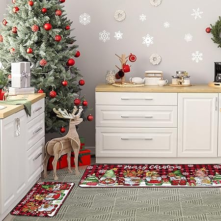 Non Slip Santa Claus Snow Gnome Low Profile Plaid Winter Decorative Christmas Rug 17x29 and 17x47 Inch