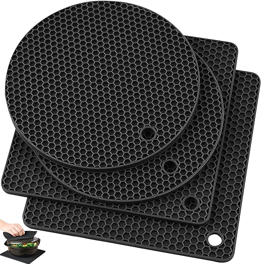 Heat Resistant Counter Silicone Trivet Pot Mat, 4 Pack Black(2 Squared + 2 Round)