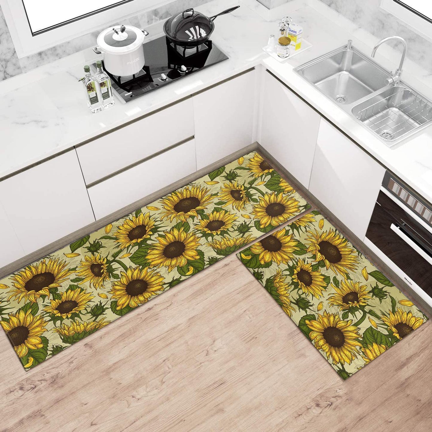 Sets of 2 Cute Gnome Yellow Washable Non-Slip Kitchen Rug Mat