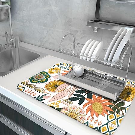 Absorbent Black Marble Dish Drying Mat Luxury Golden Kitchen Counter Mat, 18x24 inch