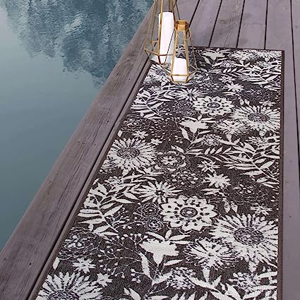 MajorcaContemporary Floral Flowers Non-Shedding Outdoor Rugs - 2' x 7' (Gray)