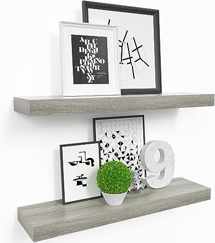 Floating Shelves, 2-Pack 24" Wood Wall Mounted, 6" Deep - Gray Oak