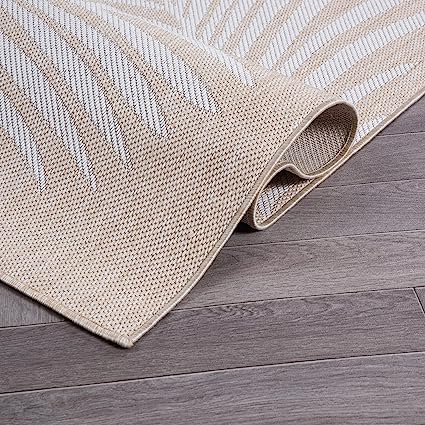 Contemporary Palm Leaves Textured Flat Weave Easy Cleaning Outdoor Rugs