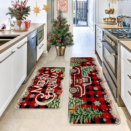 Christmas Farmhouse Truck Red Buffalo Plaid Christmas Kitchen Decor, 17"x27+17"x47"