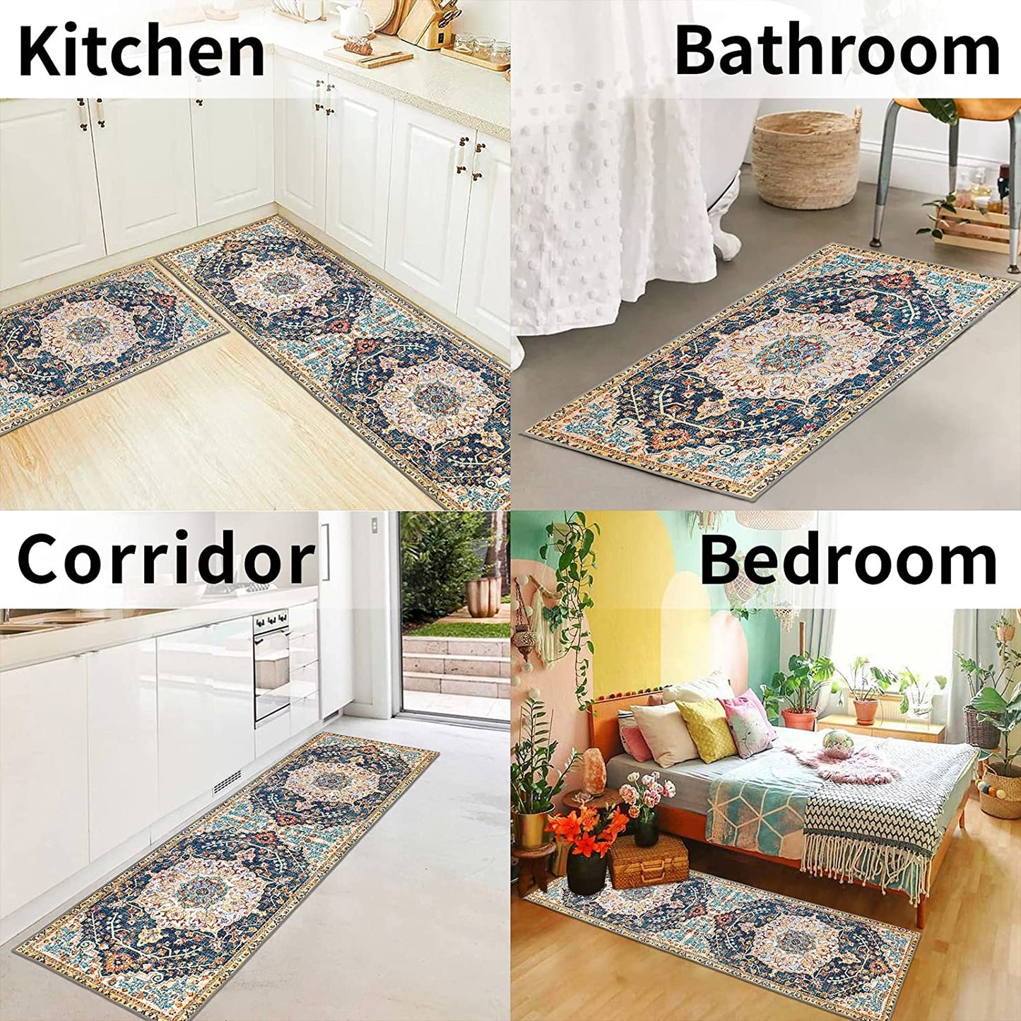 Set of 2 Non-Slip Bohemian Kitchen Runner Rug 63*19.7/31.5*19.7