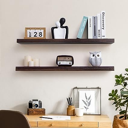 Rustic Solid Wood Wall Shelf Set of 2 - 24"D x 6.7"W x 1.4"H - Dark Walnut Color