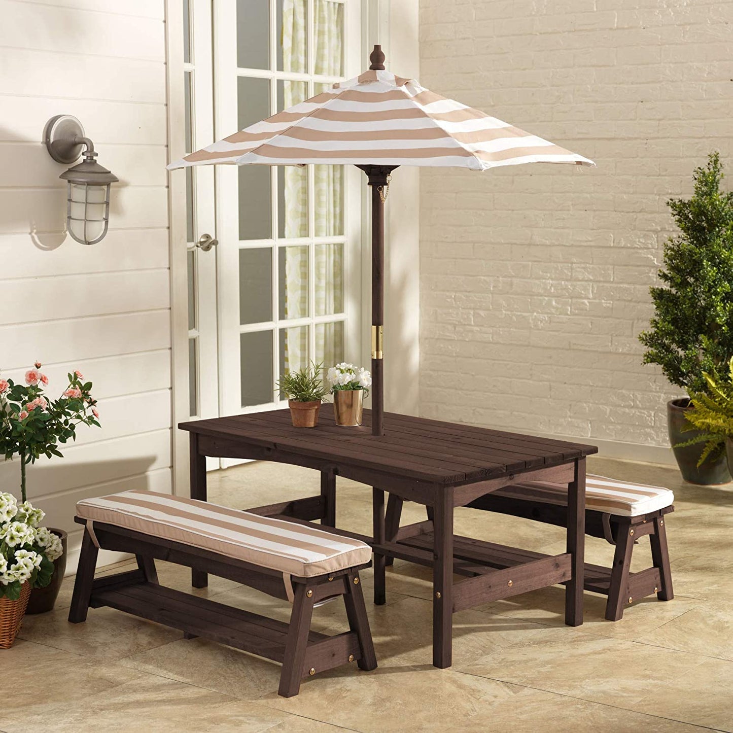 Outdoor Table and Bench Set with Cushions and Umbrella, Kids Backyard Furniture, Espresso with Oatmeal and White