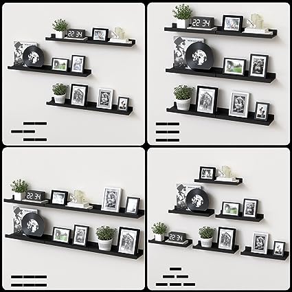 Set of 6, Black Wall Shelves with Lip