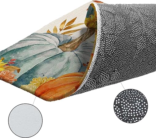 Non SlipTeal Golden-Yellow Pumpkins Fall Maple Leaf Botanical Anti-Fatigue Kitchen Rugs Set of 2,