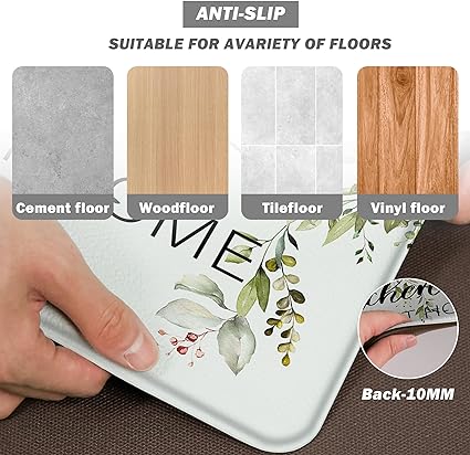 Kitchen Rug Anti Fatigue Mats Sage Green Floral Herb Memory Foam Cushioned Set