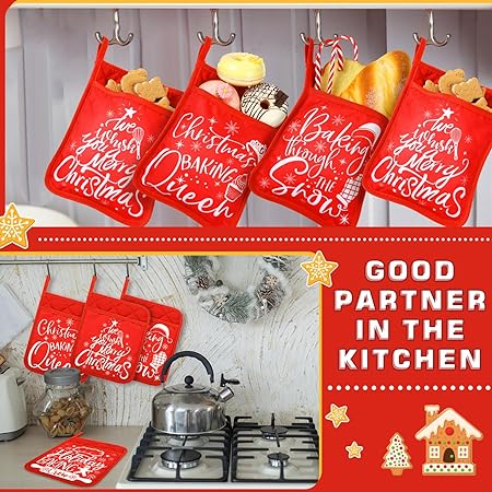 Machine Washable Heat Resistant Christmas Pot Holders with Pocket Xmas Funny Pot Mat, (Black,6 Pieces)