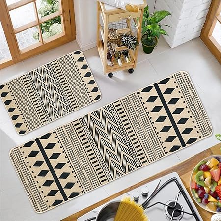 Non Skid Washable Black and White Boho Kitchen Rug Sets of 2, 17x29 and 17x47 Inch
