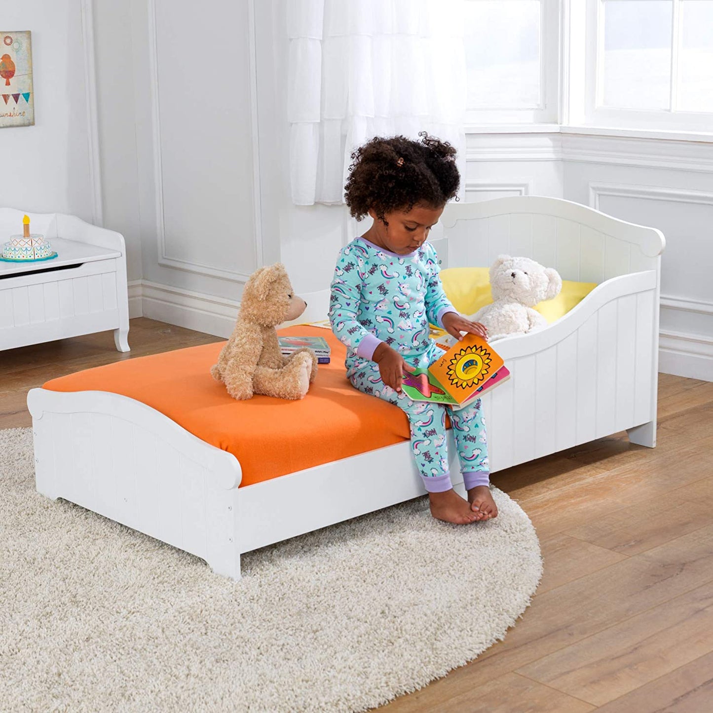 Wooden Toddler Bed with Wainscoting Detail and High Side Rails - White, Gift for Ages 15 mo+