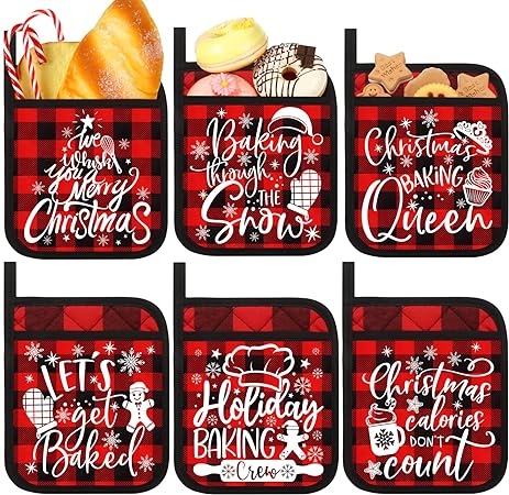 Machine Washable Heat Resistant Christmas Pot Holders with Pocket Xmas Funny Pot Mat, (Black,6 Pieces)