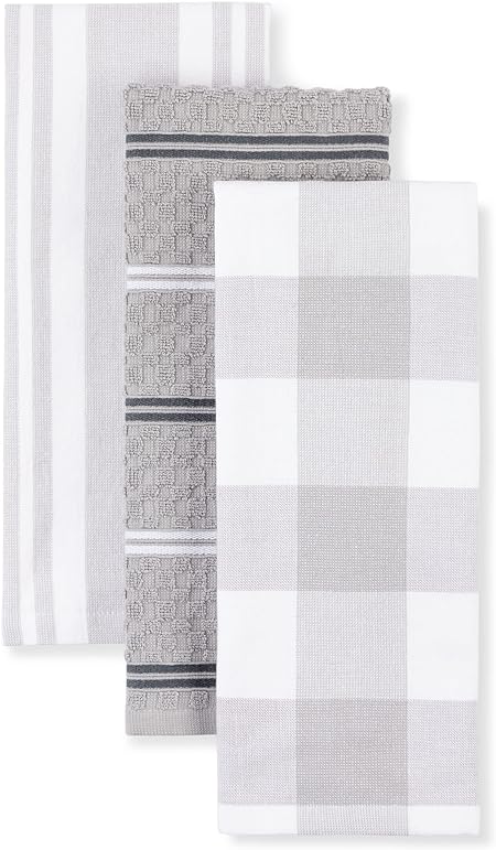 Stripe Gingham Dual Purpose Kitchen Towel 3-Pack Set, Blue Velvet, 16"x28"