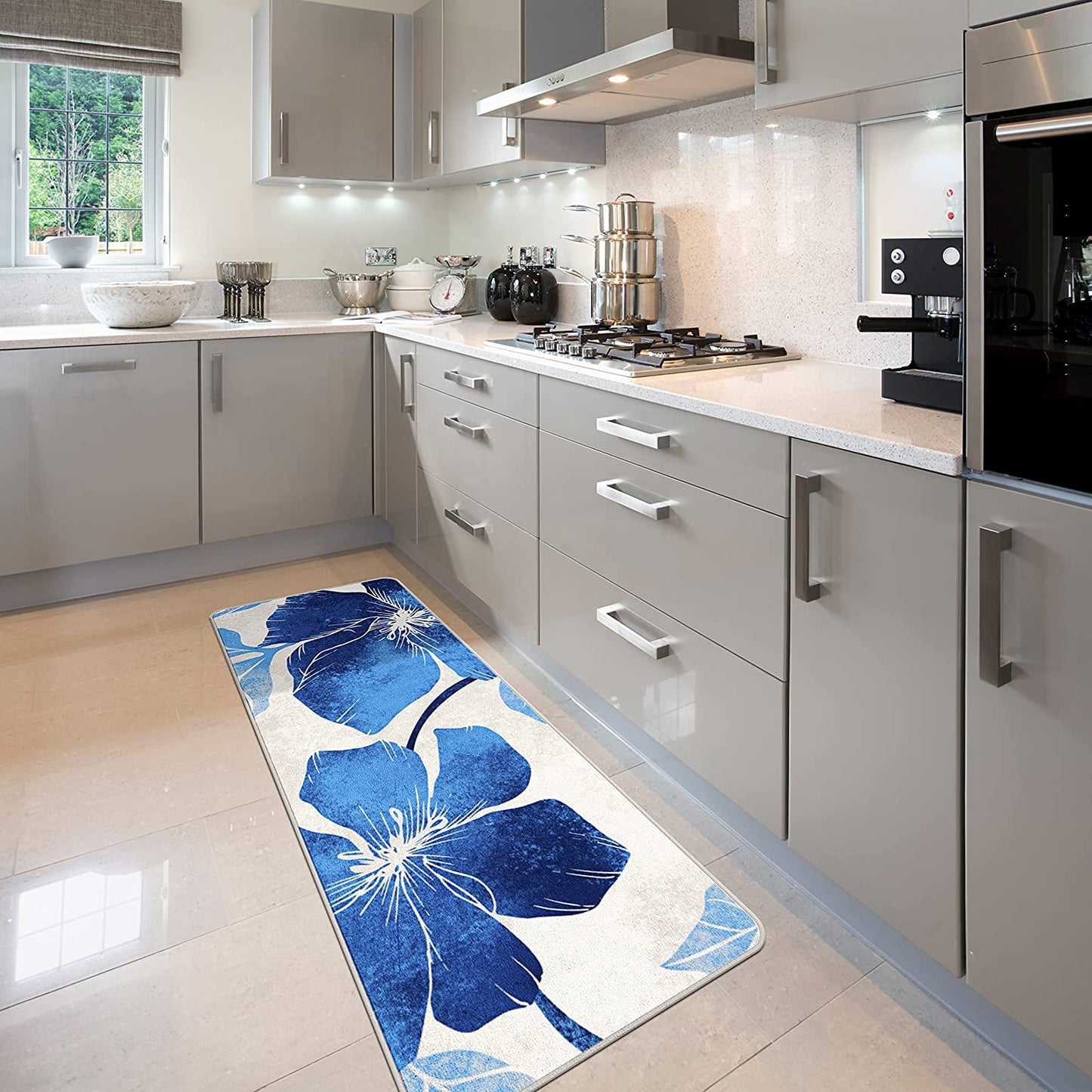 Modern Floral Blue Grey Non Slip Large Flower Area Rug