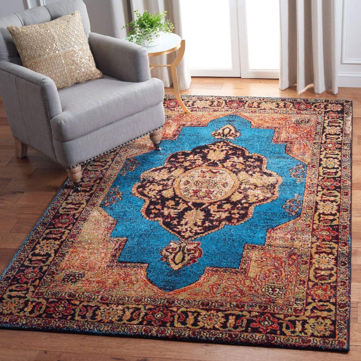 Oriental Persian Distressed Area Rug , Gold/Light Blue
