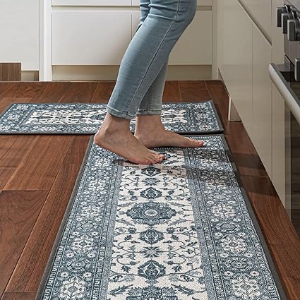 Non Skid Washable Absorbent Kitchen Runner Rugs 2 Pcs, 17"x32"+17"x48" (Brown)