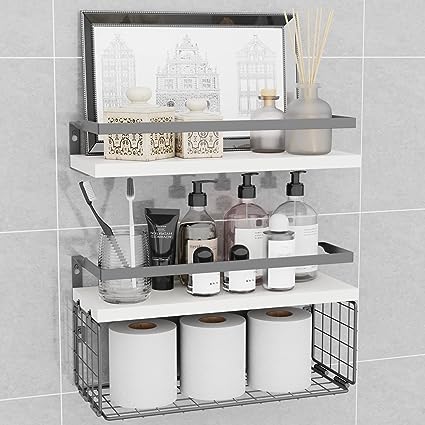 Home Decor Floating Shelves with Towel Bar/Hooks, (Gold-White)