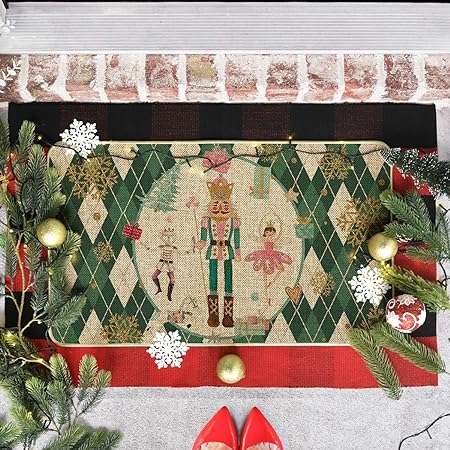 Green Diamond Plaid Nutcracker Christmas Doormat, 17x29 Inch