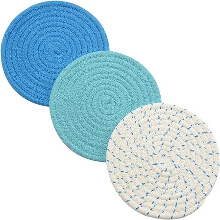 Kitchen Pot Holders Set Trivets Set 100% Pure Cotton Thread Weave Hot Pot Holders Set (Set of 3) Stylish Coasters, Hot Pads, Hot Mats, Spoon Rest for Cooking and Baking by Diameter 7 Inches (Blue)