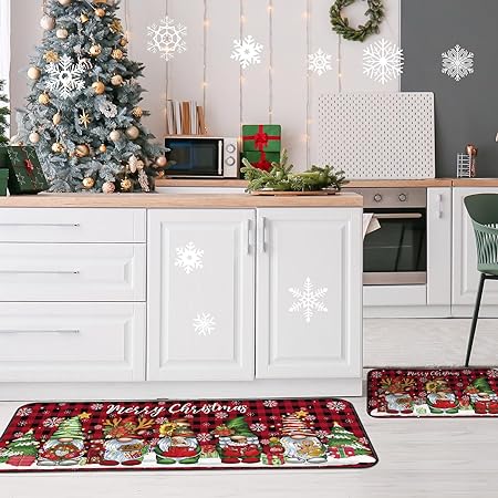 Non Slip Santa Claus Snow Gnome Low Profile Plaid Winter Decorative Christmas Rug 17x29 and 17x47 Inch