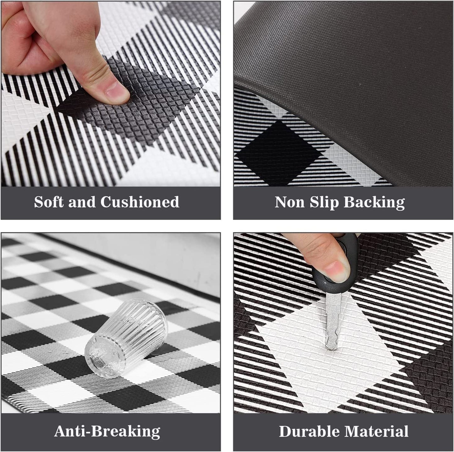 2 PCS Anti Fatigue Non Skid Waterproof Cushioned Black and White Kitchen Rugs