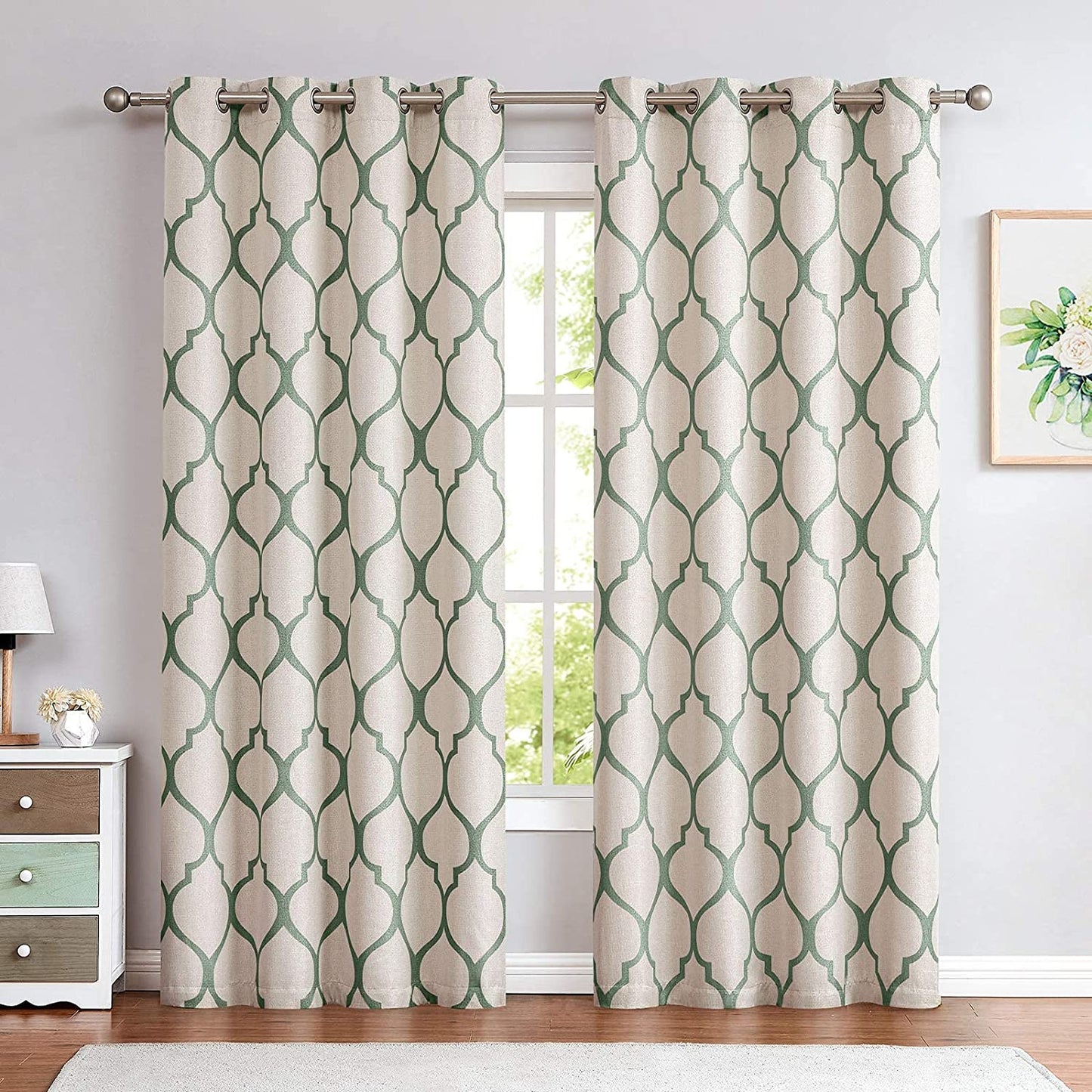 Moroccan Tile Linen Textured Curtains Printed Curtain Panel Thermal Insulated Window Treatment 1 Panel 45 Inch Beige