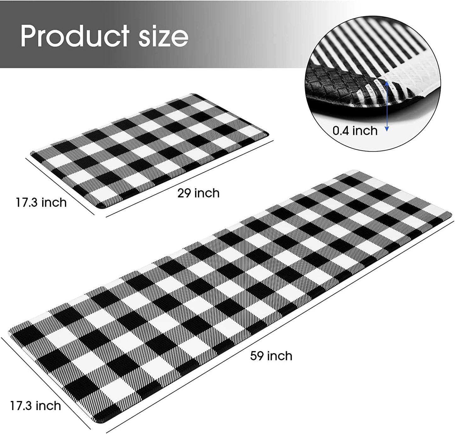 2 PCS Anti Fatigue Non Skid Waterproof Cushioned Black and White Kitchen Rugs