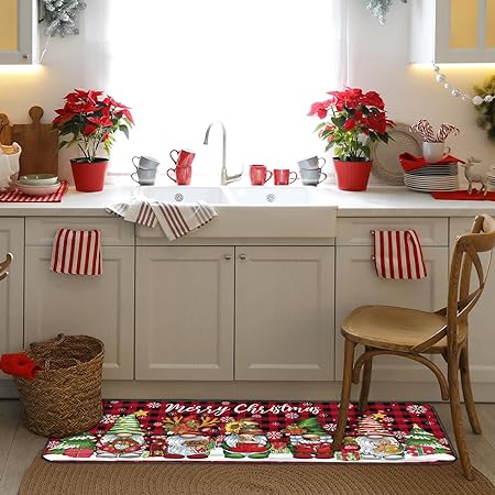 Non Slip Santa Claus Snow Gnome Low Profile Plaid Winter Decorative Christmas Rug 17x29 and 17x47 Inch