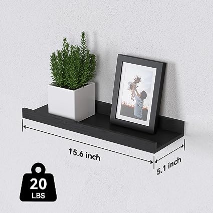 Set of 6, Black Wall Shelves with Lip