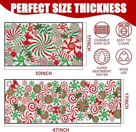 2 Pcs Non Slip Merry Christmas Winter Farmhouse Party Floor Mat for Kitchen Decor 17 x 30 and 17 x 47 Inch