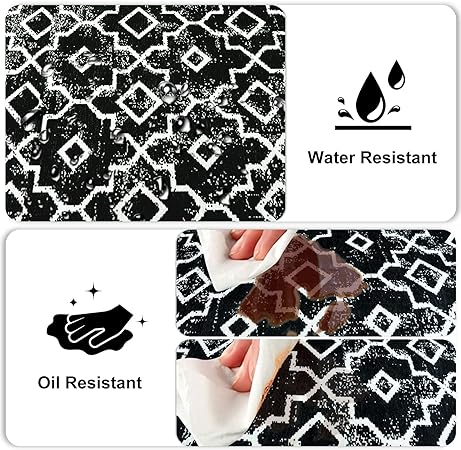 Set of 2, Geometric Washable Non Slip Waterproof Moroccan Black Rug for Kitchen Floor, 20x30+20x47