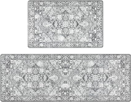 Grey Comfort Kitchen Floor Carpet Runner for Laundry, 17”x28”+17”x47”