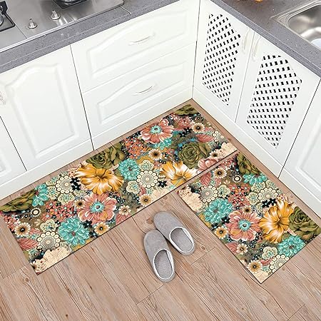 Set of 2 Non Slip Thick Kitchen Rugs and Mats, 17"x47"+17"x28"