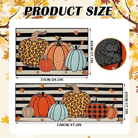 2 Pcs Thanksgiving Pumpkin Non Slip Seasonal Autumn Maple Leaves Striped Floor Mats, 17.7x29.5 and 17.7X 47.2 Inch