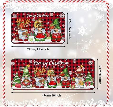 Non Slip Santa Claus Snow Gnome Low Profile Plaid Winter Decorative Christmas Rug 17x29 and 17x47 Inch