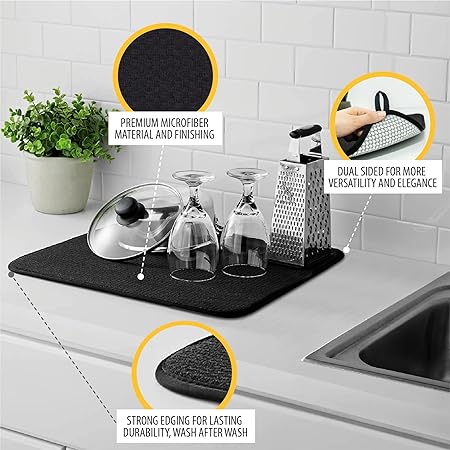 Super Absorbent Microfiber Premium Dish Drying Mat Dual Surface (Black)