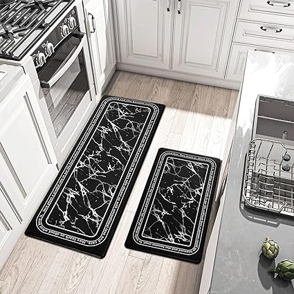 Anti-Fatigue Black and White Modern  Non Slip Washable, Cushioned Kitchen Mats, 18 x 30 Inch