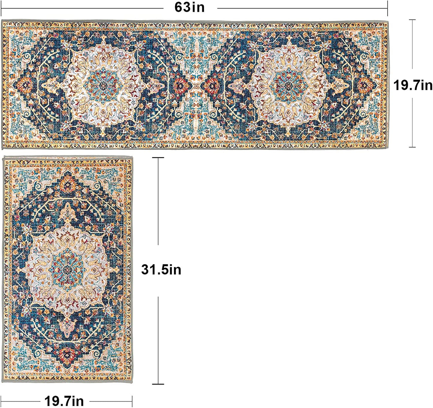 Set of 2 Non-Slip Bohemian Kitchen Runner Rug 63*19.7/31.5*19.7