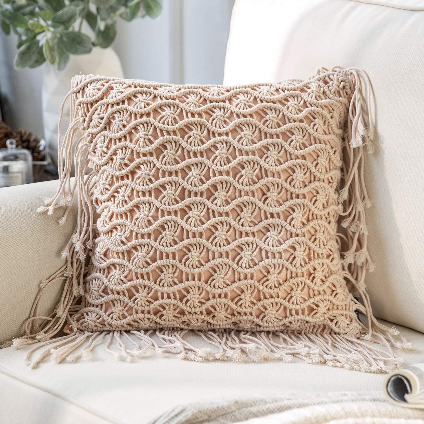 Handmade Crochet Woven Boho Throw Pillow with Tassels Cute Farmhouse Pillow Insert Included