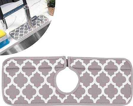 Microfiber Kitchen Faucet Sink Mat Drip and Splash Catcher with Snap Fastener, Absorbent and Reversible, 15 Inch x 5.5 Inch, White Trellis