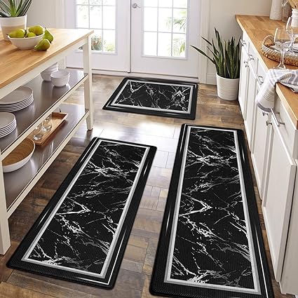 Anti-Fatigue Black and White Modern  Non Slip Washable, Cushioned Kitchen Mats, 18 x 30 Inch