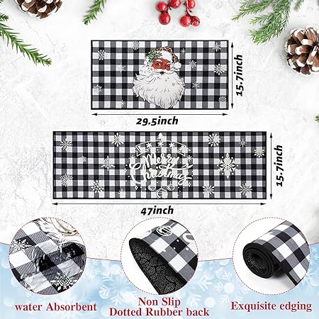 Non Slip Washable Xmas Red Black Buffalo Plaid Snowflake Floor Mat, 29x15 and 47x15 in